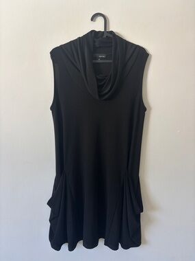 Sleeveless Black Asymmetrical Dress with Draped Cowl Neck